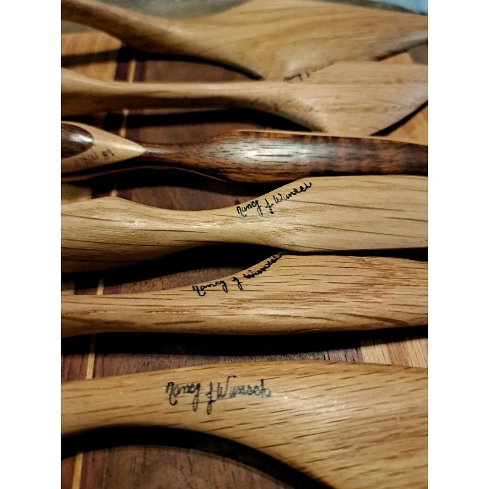 Handcrafted‎ Wooden Cutting Board 6 Hand Carved Wooden Knives.  Signed By Artist